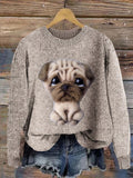 Comstylish Funny Lovely Pug Dog Wool Puppy Embroidery Art Applique Cozy Sweater