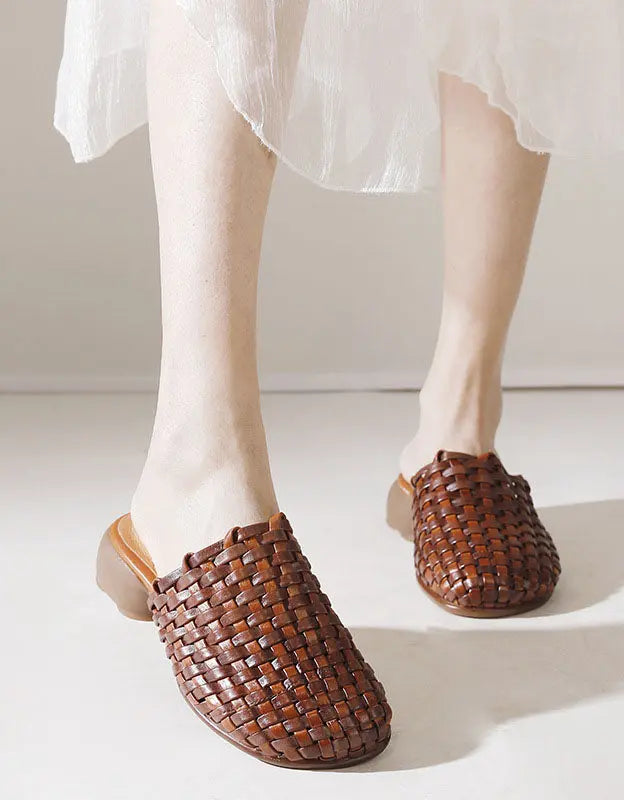 Leather Woven Slippers Wide Mules for