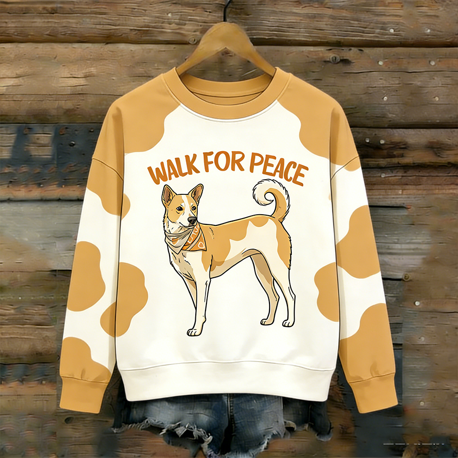 Comstylish Peace Dog Pattern Printed Retro Round Neck Long Sleeve T-shirt