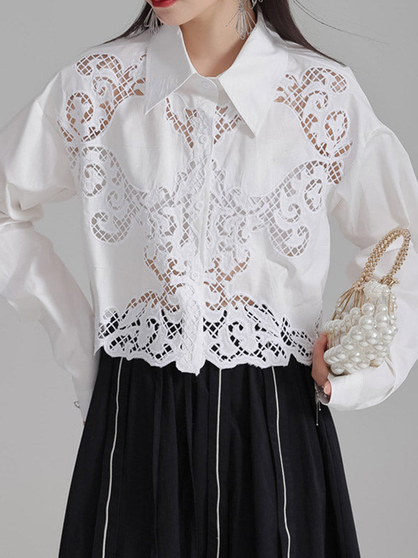 Long Sleeves Loose Buttoned Hollow Color Lapel Blouses&shirts Tops