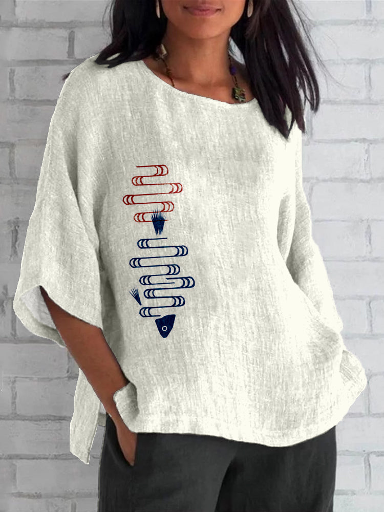 Japanese Inspired Fish Art Linen Blend Cozy Tunic elevenforest