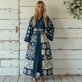 Women's Japanese Traditional Sashiko Art  Linen V-neck Robe elevenforest
