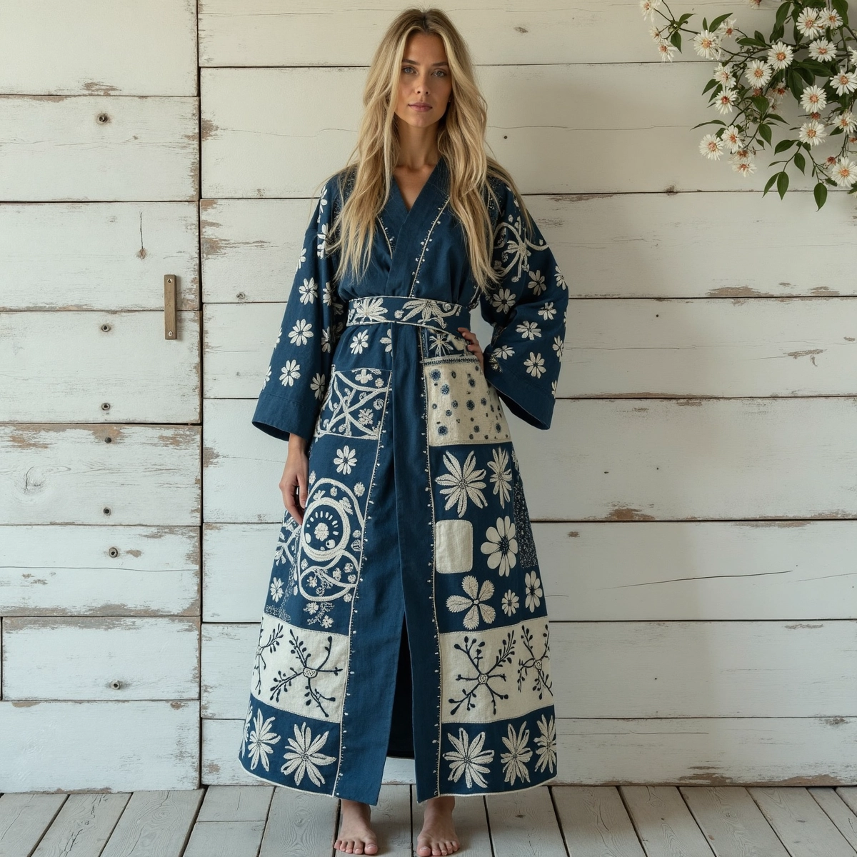 Women's Japanese Traditional Sashiko Art  Linen V-neck Robe elevenforest