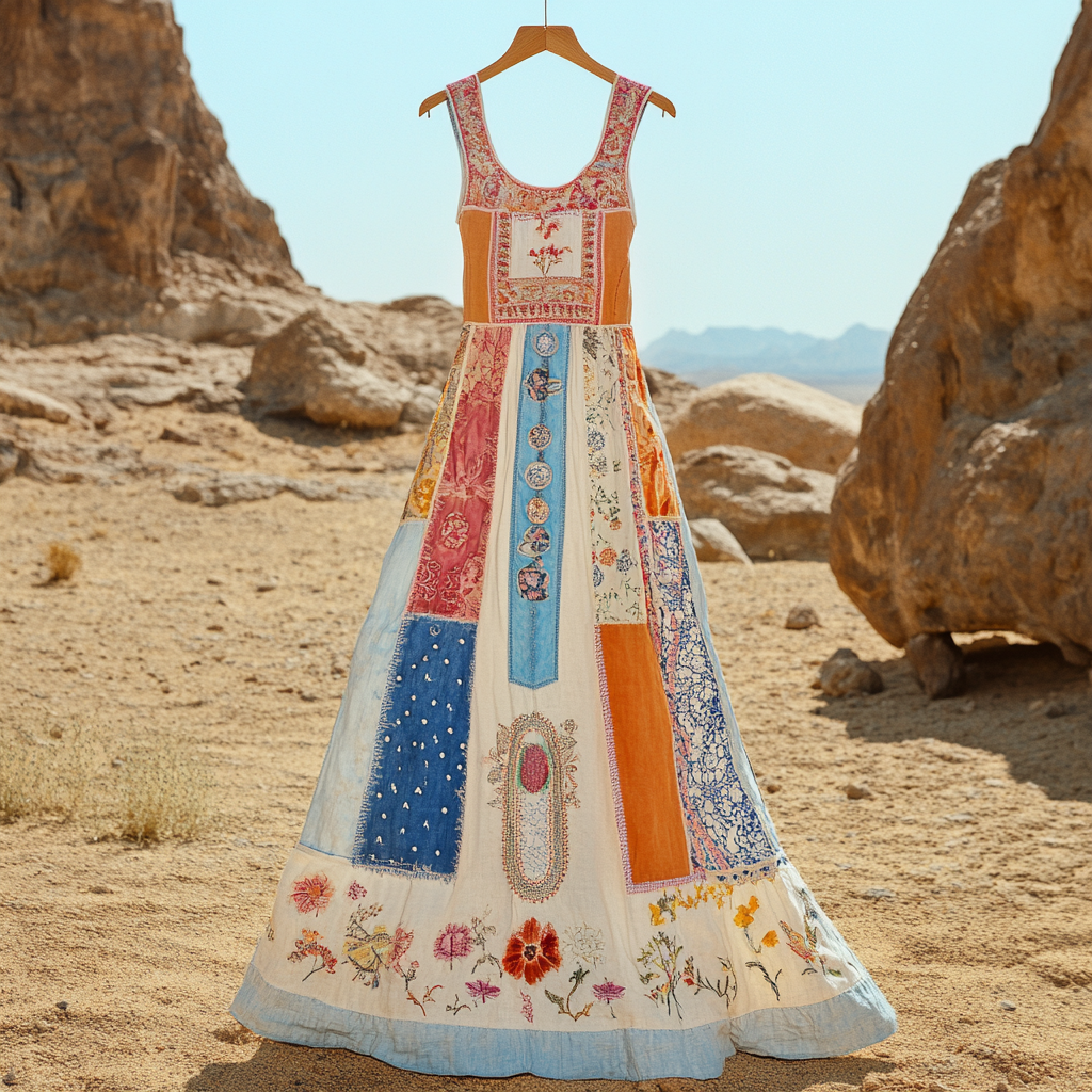 Women's Vintage Tribal Floral Patch Cotton And Linen Dress elevenforest