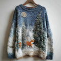 Comstylish Fox Snowy Forest Night Cozy Fuzzy Knit Sweater