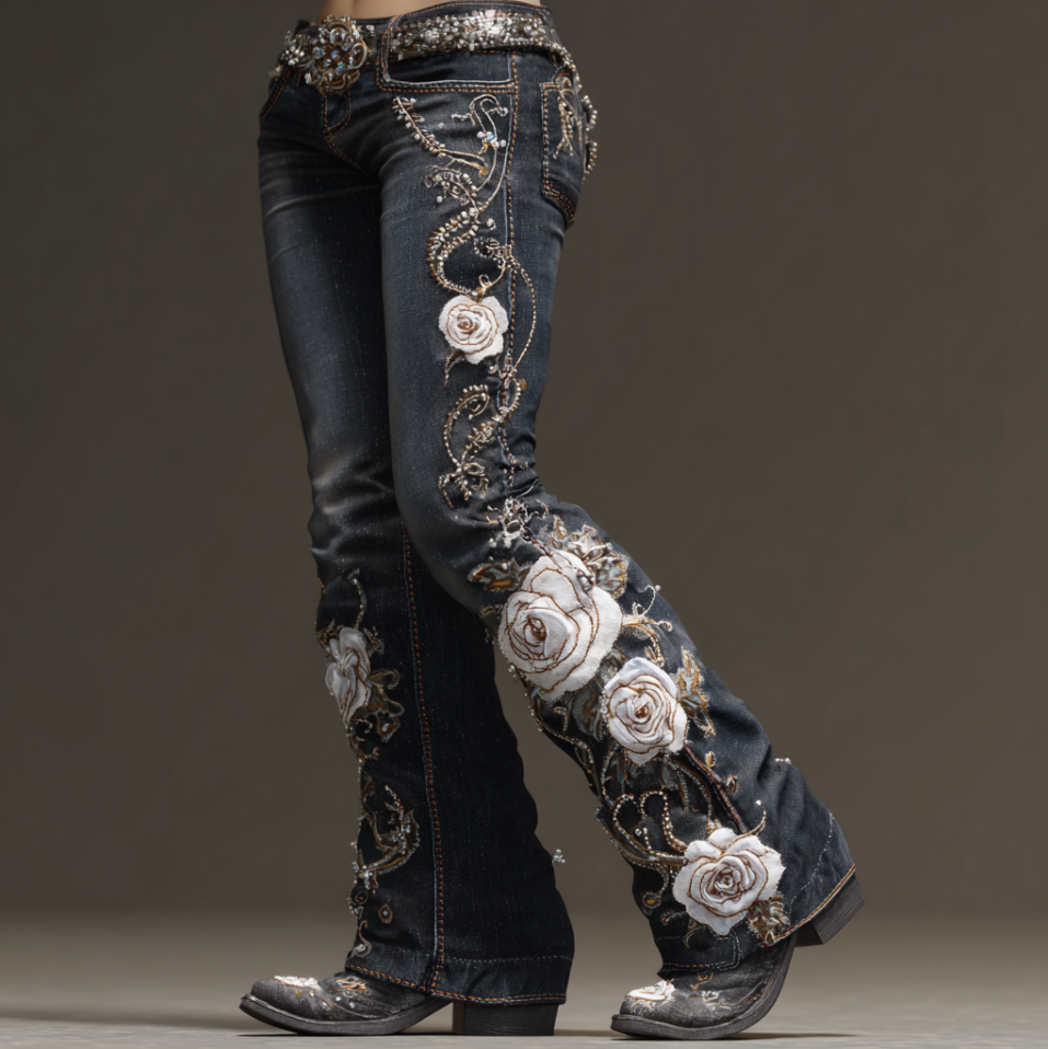 Bohemian Style Women's Plant Flower Embroidery Loose Fit Wide Leg Straight Leg Denim Long Pants elevenforest