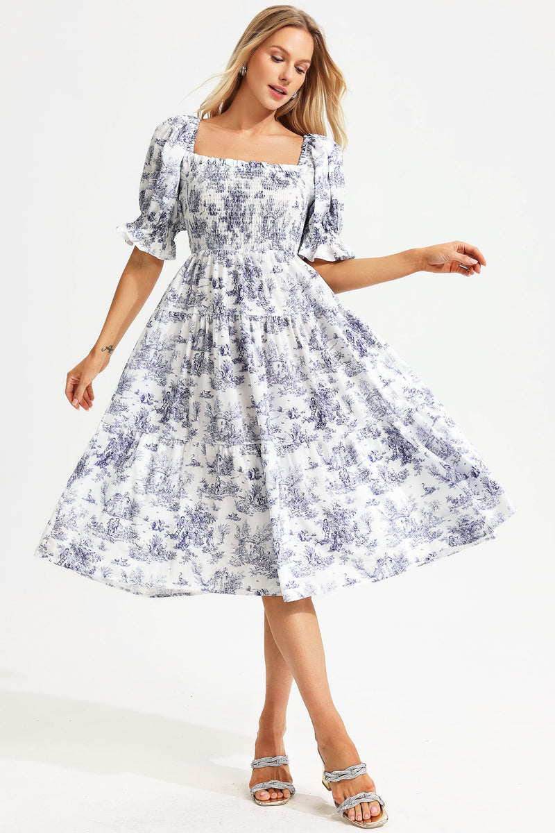 Printed Square Collar Bubble Sleeve Midi Dress