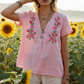 Women's Retro Pink Plant And Floral Embroidered Print T-shirt elevenforest
