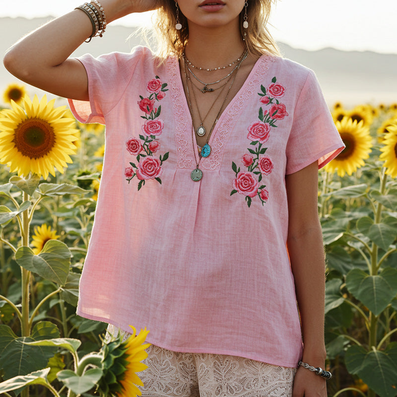 Women's Retro Pink Plant And Floral Embroidered Print T-shirt elevenforest