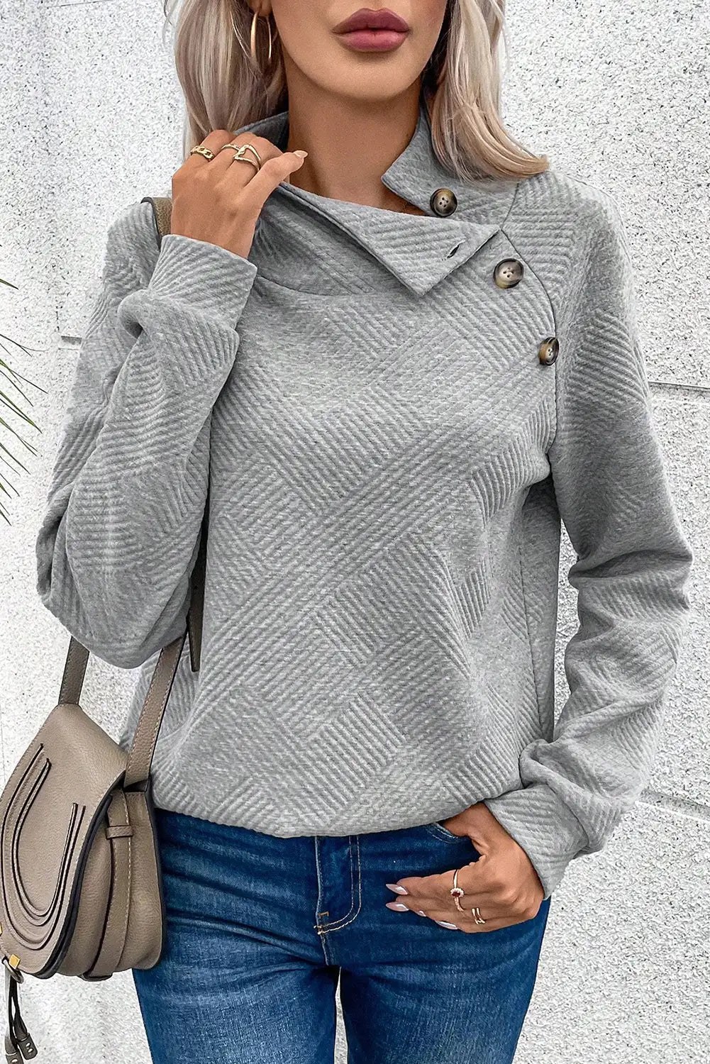 Gray Asymmetric Ribbed High Neck Textured Sweatshirt