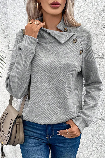 Gray Asymmetric Ribbed High Neck Textured Sweatshirt