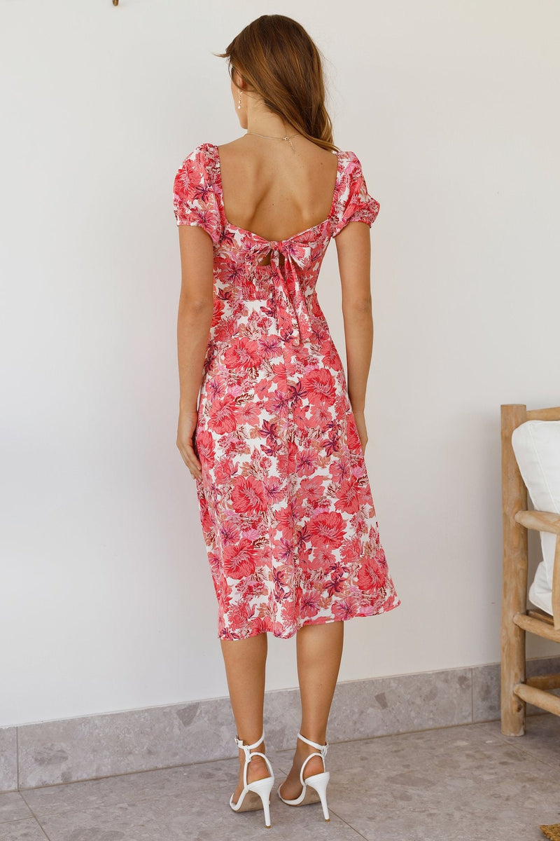 Puff Sleeve Lace Up Backless Slit Midi Dress
