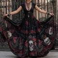 Ladies' Skull Tie-dye Blood-colored Rose Vintage Print Short-sleeved Long Dress elevenforest