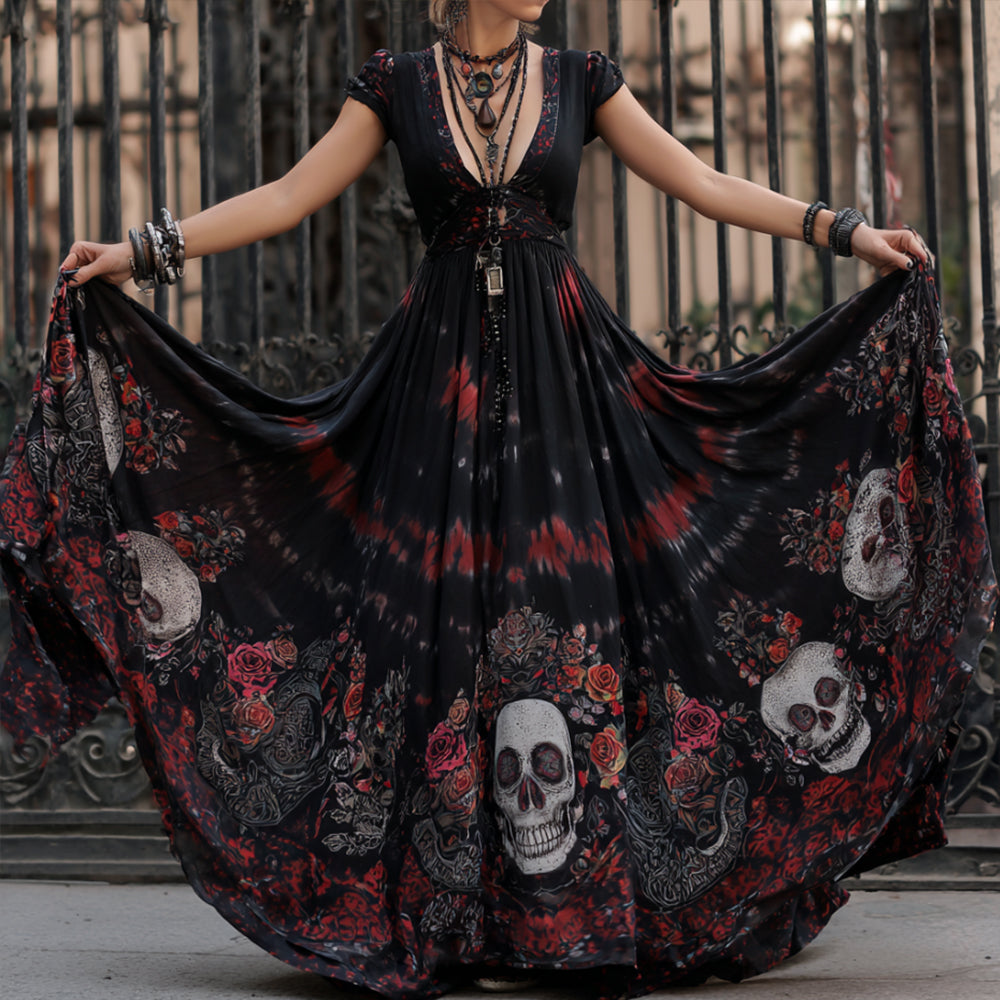Ladies' Skull Tie-dye Blood-colored Rose Vintage Print Short-sleeved Long Dress elevenforest