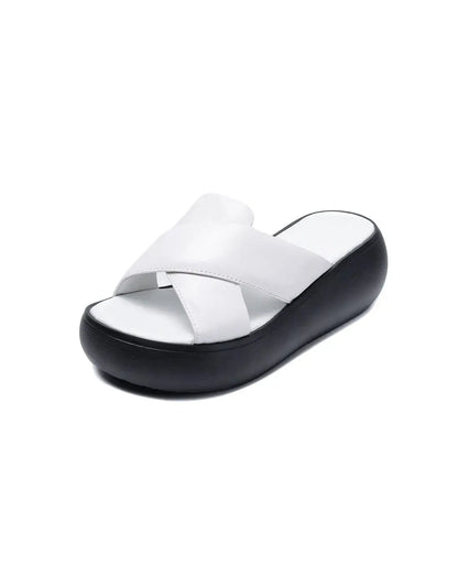 Leather Cross Strap Wedge Slippers