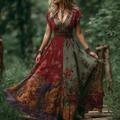 Bohemian Style Retro Floral Pattern Women's V-neck Dress elevenforest