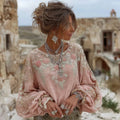 Women's Vintage Pink Rose Embroidery Art Round Neck Long Sleeve T-shirt elevenforest