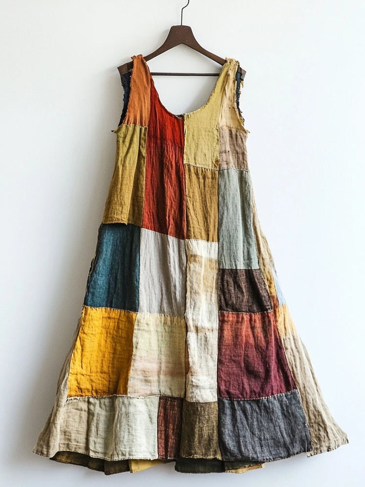 Vintage Multicolor Patchwork Linen Blend Dress elevenforest
