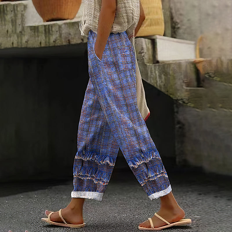 Comstylish Women's Casual Plaid Lace Linen Pants