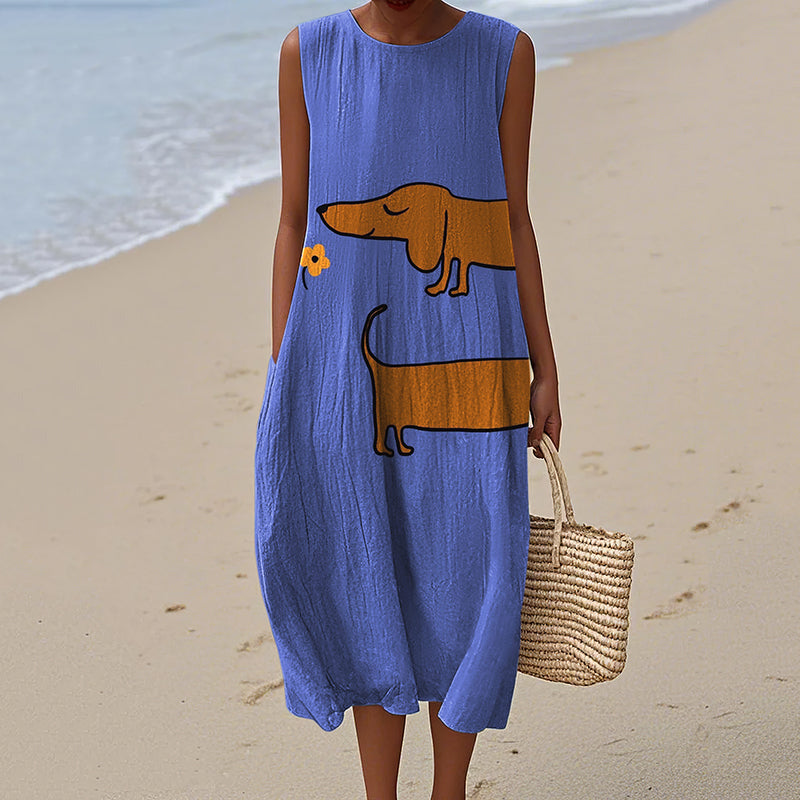 Women's Retro Dachshund Dog Art Print Crew Neck Tank Midi Dress elevenforest