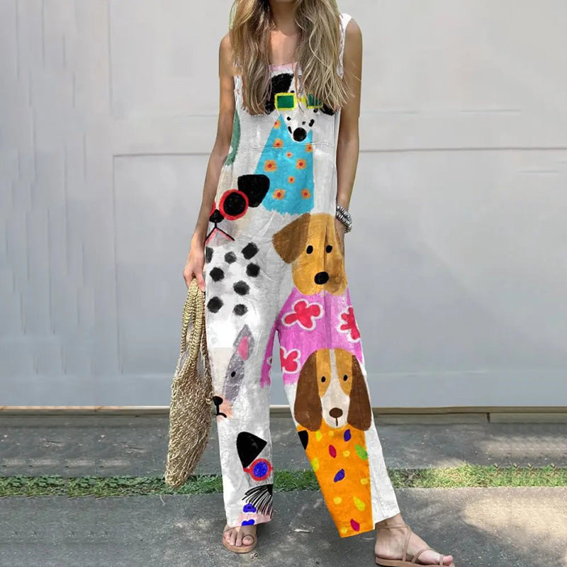 Women'S Cartoon Dog Print Thin Suspender Casual Wide Leg Jumpsuit elevenforest