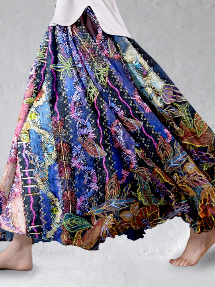Vintage Floral Embroidered Flowy Linen Blend Wide Skirt elevenforest