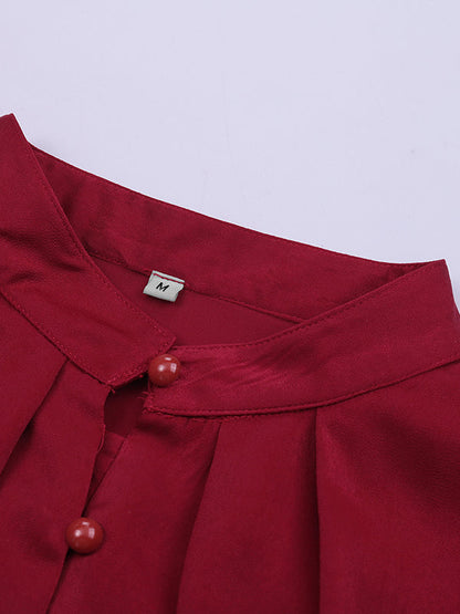 Loose Puff Sleeves Pleated Color Split-joint Stand Collar Blouses
