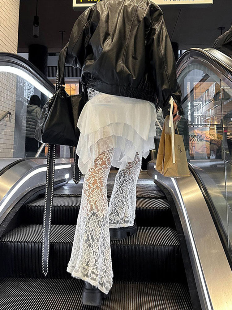 Taruxy See Through Lace Pants Summer Mesh Splice Culottes Pants Holiday Loose Femme Pantskirt