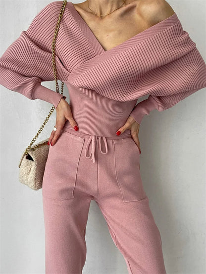 Tossy Knit V-neck Pullover 2 Piece-set for Patchwork Sweater and High Waist Drawstring ’s Pants Sets Outfits