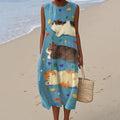 Comstylish Women's Cute Cat Art Print Linen Tank Midi Dress