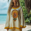Vintage Bohemian Beach Vacation Floral Art Linen Long-sleeved Round Neck Tops elevenforest