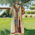 Vintage Tribal Pattern Patchwork Art Linen Short Sleeve Tank Dress elevenforest