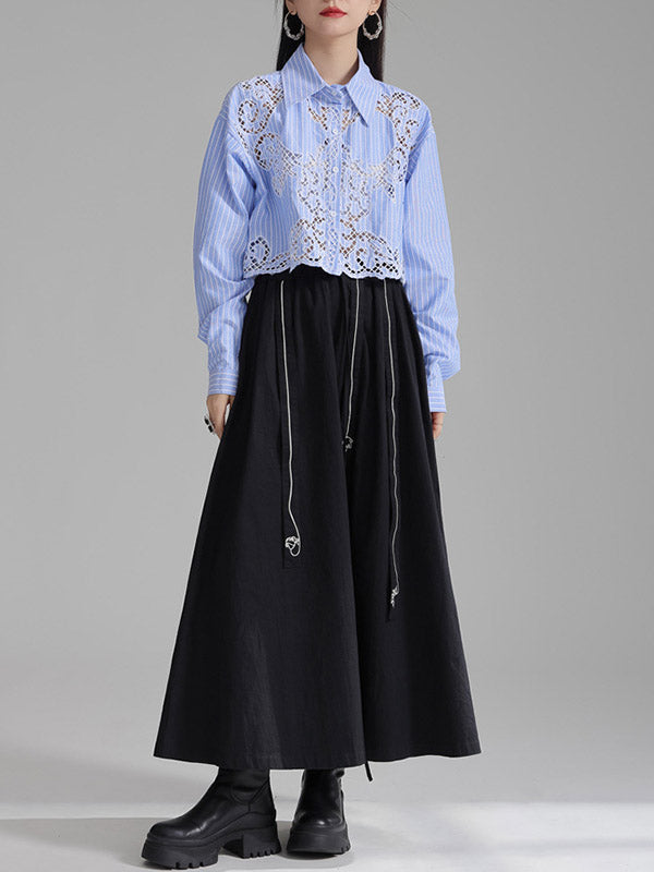 Long Sleeves Loose Buttoned Hollow Color Lapel Blouses&shirts Tops