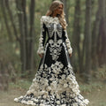 Women's Vintage Halloween Skeleton Bones With Rose Art Cozy Knitted Warm Long Sleeve Maxi Dress elevenforest