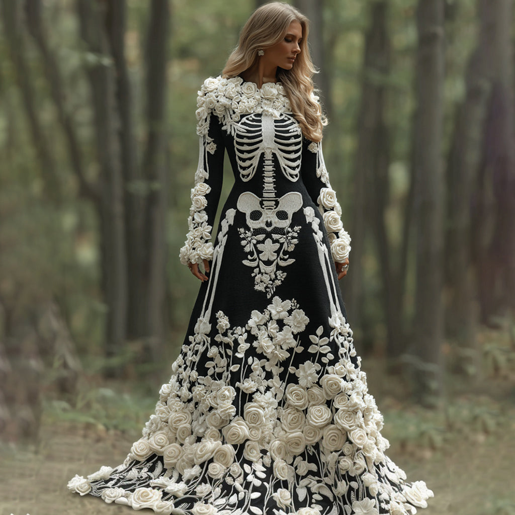 Women's Vintage Halloween Skeleton Bones With Rose Art Cozy Knitted Warm Long Sleeve Maxi Dress elevenforest