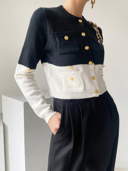 Long Sleeves Buttoned Contrast Color Round-neck Cardigan Tops