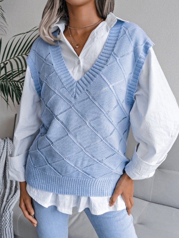 Vania® | Women'S V-Neck Hollow Diamond Casual Knitted Vest Sweater
