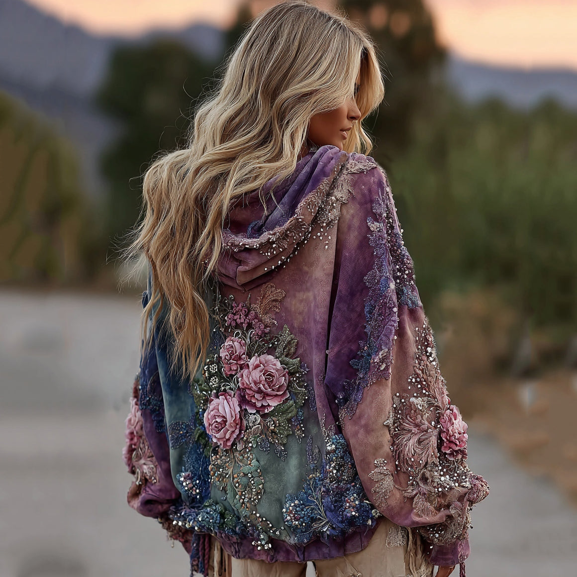 Tie-dye Rose Embroidered Sequined Zipper Hoodie elevenforest