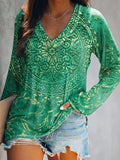 Women's Casual Vintage Ethnic Floral Art Print V Neck Long Sleeve Tops