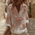 Women's Rose Floral Embroidery Linen V-neck T-shirt elevenforest