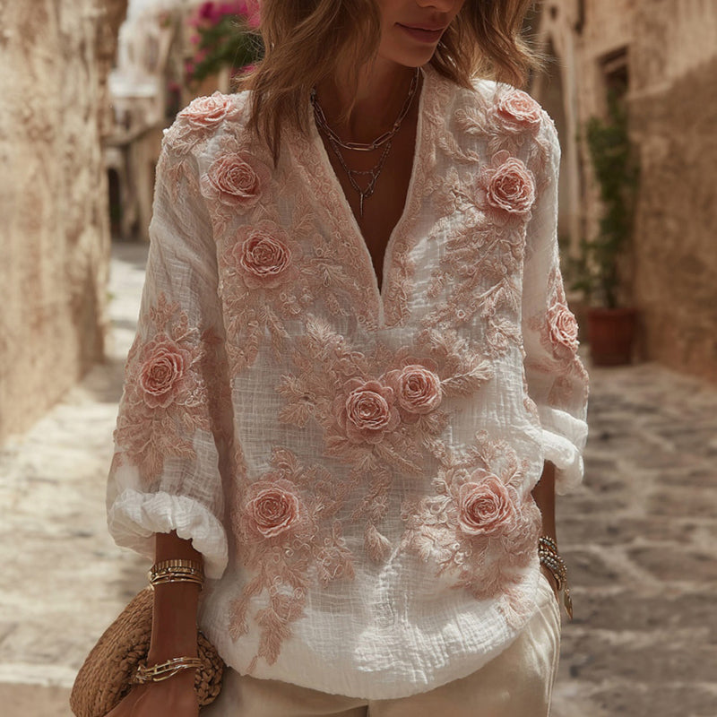 Women's Rose Floral Embroidery Linen V-neck T-shirt elevenforest