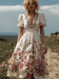 Bohemian Style Plant Flower And Butterfly Pattern Embroidery Women's Cotton And Linen Dress elevenforest