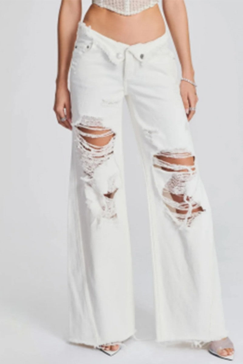 Ripped Patchwork Mid Waist Regular Denim Jeans (subject to the Actual Object)(5 Colors)