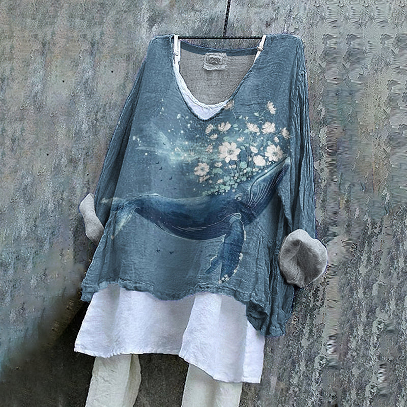 Vintage Fantasy Whale In Floral Dreamy Art Pattern Linen Blend Tunic elevenforest