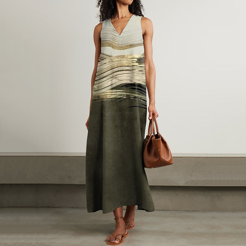 Women's Vintage Stripes Abstract Art Sleeveless Dress elevenforest