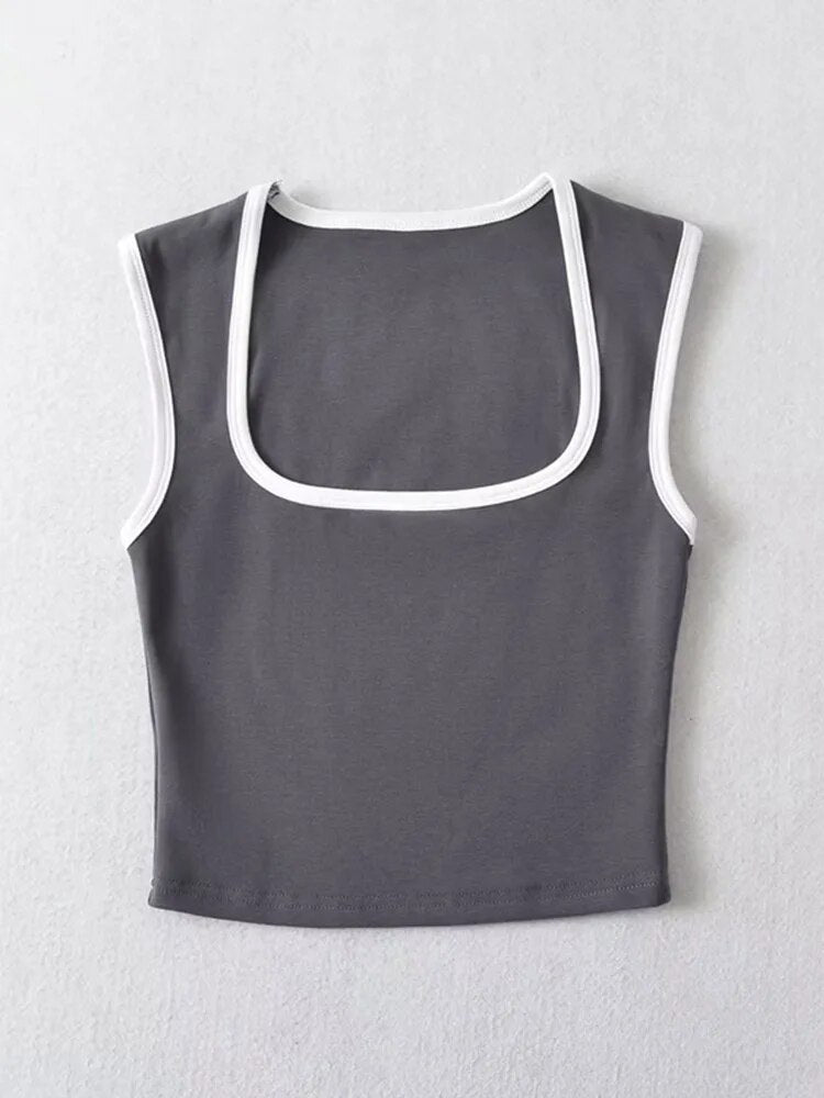Woman Slim Contrust Camis Sleeveless Tanks Square Collar Crop Tops Clothing Mujer Y2k
