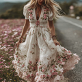 Women's Vintage Floral Embroidery Art Comfy Linen Maxi Dress elevenforest