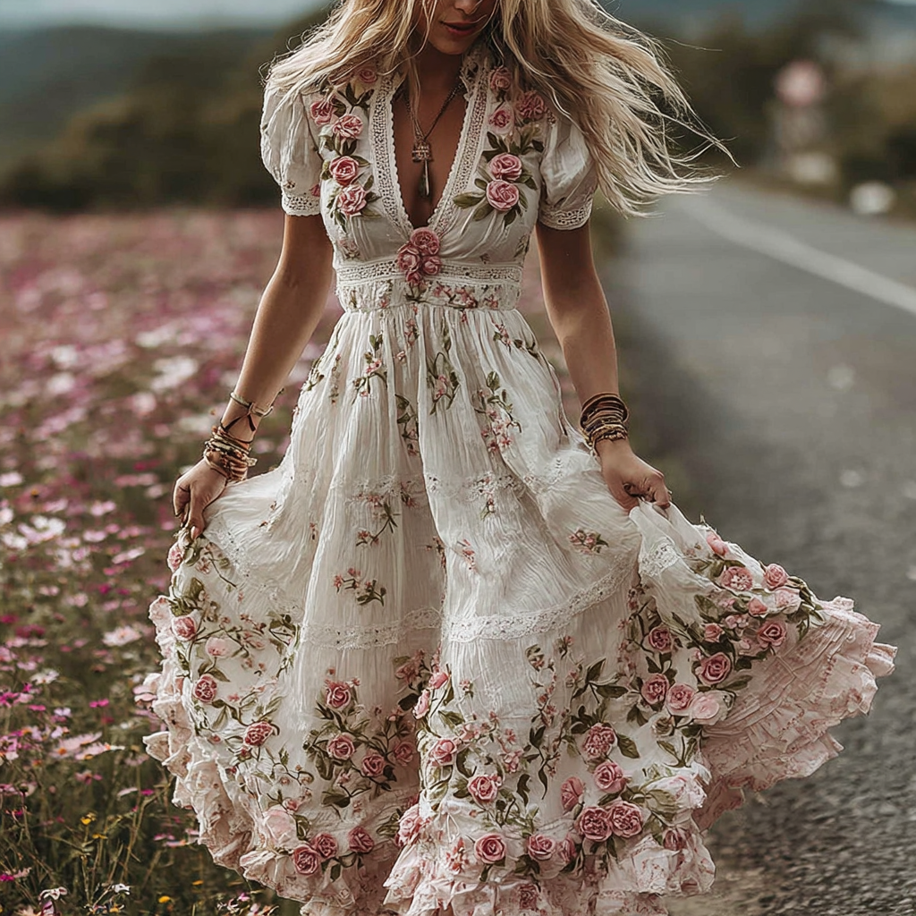 Women's Vintage Floral Embroidery Art Comfy Linen Maxi Dress elevenforest