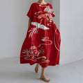 Japanese Flowers & Cranes Art Linen Blend Casual Dress elevenforest