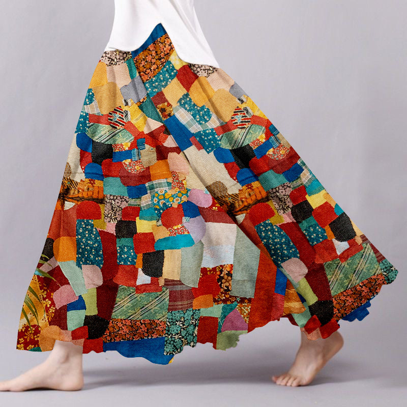 Women's Boho Flowers Patchwork Art Linen Blend Skirt elevenforest